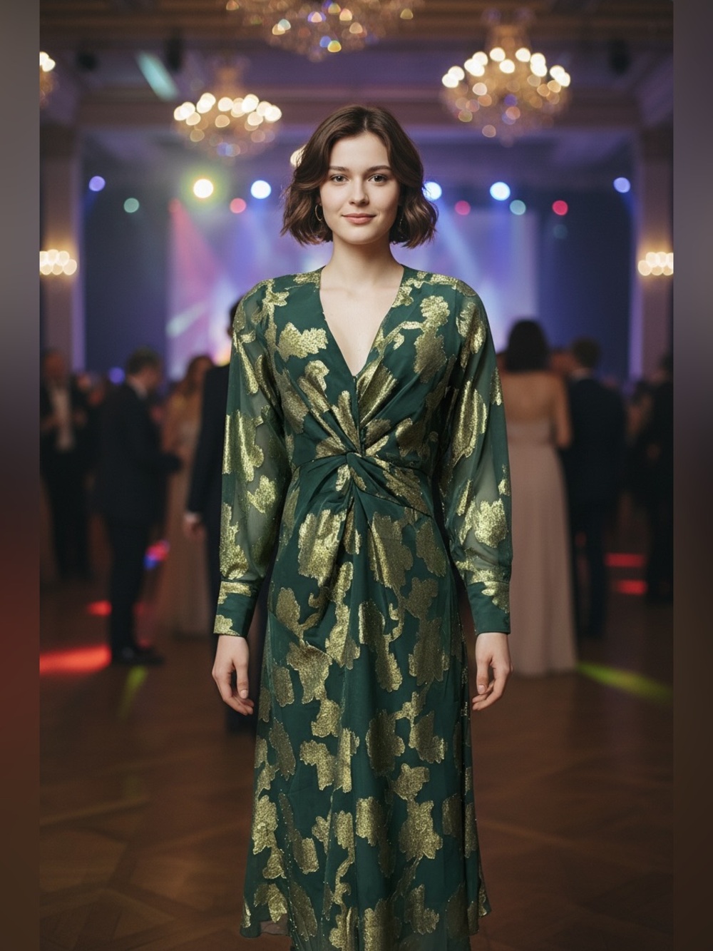 NWT Ciebon Sz XS Green Gold Metallic Floral Twist Knot Long Sleeve Midi Dress